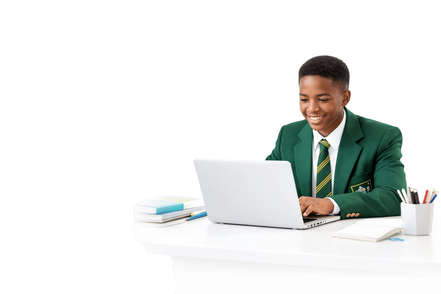 Student in school uniform studying Maths and Science with a laptop during an online lesson